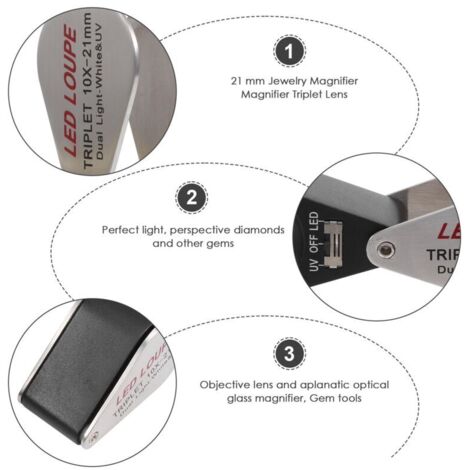 Loupe Bijoutier 10X Grossissement Triplet avec 6 LED UV 21mm pour Gemmes Pièces de Monnaie Timbres (1/4)