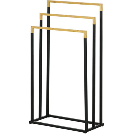 Porte-serviette Porte-serviettes en bambou et acier sur pieds avec 3 barres support pour serviette 45 x 22,5 x 86 cm noir et naturel (1/4)