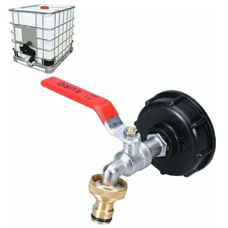 Robinet de réservoir - lBC 1000L - Avec adaptateur double robinet de collecte d'eau de pluie - Fabriqué en laiton - Filetage grossier de 60 mm (3/4') (1/4)