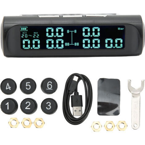 Système de Surveillance de la Pression des Pneus TPMS Solaires sans Fil, Haute efficacité et Longue Durée de Vie de la Batterie, Affichage en Temps Réel avec 6 Capteurs Externes (1/5)