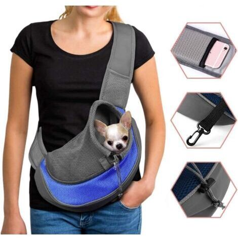 Sac de Transport Chien Sac à Bandoulière pour Chat Chiot Réglable Sac de Voyage pour Petits Animaux Sac à Main Chien avec Pochette en Filet Respirant Sacoche Chien Portable pour Marché Extérieur-Bleu (1/5)