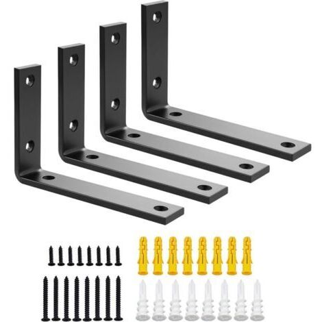 Équerres Murales Métal 4 Pièces Supports Étagère Charge Lourde 5mm, Fixation Flottante Angles 90° pour Salon, Chambre, Cuisine Noir (1/5)