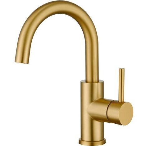 Robinet de salle de bain doré brossé – Mitigeur lavabo pivotant 360° – Acier inoxydable 304 – Économie d'eau 30% – Tuyaux flexibles KTW (1/5)