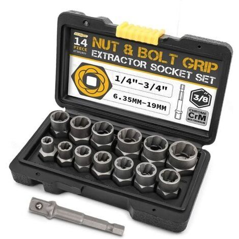 Extracteur de vis 14 pièces – Douilles en alliage d'acier au chrome-molybdène – Finition manganèse noire – Pour écrous et boulons rouillés (1/5)