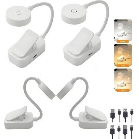 4PCS Mini Lampe de Lecture LED, Liseuse Lampe Clip Rechargeable, Protection des Yeux, Gradation en Continu & 3 Couleurs , 360° Cou Flexible, Portable pour Lire-Blanc [Classe énergétique A+++]