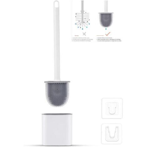 Brosse WC Silicone Plate- Brosse Toilette et Supports, Anti-goutte, Antibactérienne, Balayette WC Ventilée, Séchage Rapide sans Odeur, Balai WC Montage Mural/au Sol, Salle de Bain et WC Blanc (1/5)