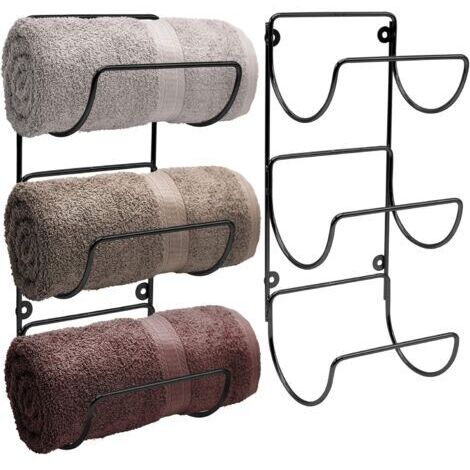 Porte-serviettes mural pour salle de bain - Porte-serviettes mural à 3 niveaux pour serviettes de bain roulées, essuie-mains, linge de maison - Porte-serviettes suspendu noir pour salles de bain, spas (1/5)