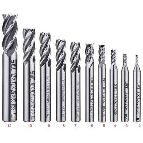Lot de 10 forets à 4 cannelures - de 2 à 12 mm Fraise en Bout- Ensemble de forets à tige droite HSS CNC pour perceuse - Ensemble d'outils pour bois, aluminium, acier et titane (1/4)