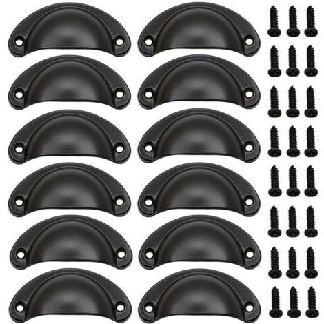 (Noir) Lot de 12 poignées coquillage vintage, poignées de porte en fer vintage avec vis pour meubles, commodes et armoires de cuisine (1/4)