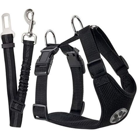 Ensemble de Harnais et Laisse de sécurité de Voiture, Multifonction Tissu Réglable Respirant Gilet Ordinaire Harnais avec Ceinture De Sécurité en Voiture Route Voyage Promenade (1/4)