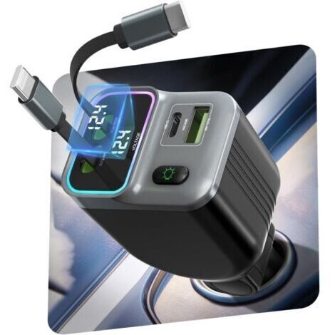 4 en 1 Chargeur Allume Cigare Voiture USB C 65W,80cm Câble Rétractable et Éclairage Ambiant,Charge Rapide Chargeur Voiture avec USB-C/USB-A 12V/24V pour iPhone,pour Samsung Galaxy (1/4)