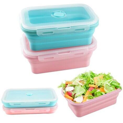 Pièces Boîtes à Déjeuner Pliables, 800ML Récipients Pliables en Silicone avec Couvercles Boîte à Lunch Pliable Anti-Fuite pour Bureau Camping Pique-Nique (Bleu, Rose) (1/4)