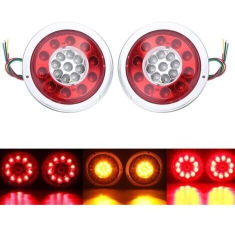 Lot de 2 feux arrière ronds à 19 LED - Ambre rouge - Pour camion, remorque, camion - Clignotant - 10-30 V - Argenté (1/4)