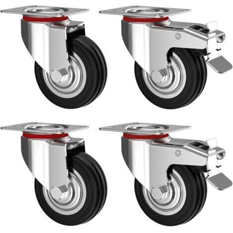Set de 4 Roulettes pivotantes 75 mm avec frein - Roulettes pour meubles jusqu'à 50 kg par roue - Charge lourde - Caoutchouc pour intérieur et extérieur - Roues industrielles (1/4)
