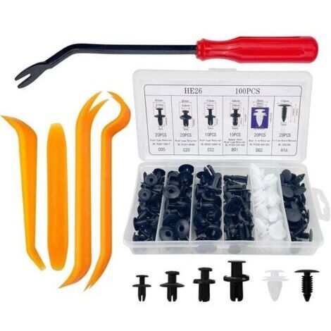 100 Pièces Clips de Fixation Voiture, 6 Taille Rivet Plastique et 4 Coins de Garniture de Voiture Ainsi Qu'Un Outil de Démontage De Fixation, Agrafe Carrosserie pour Auto Voitures Panneaux (1/4)