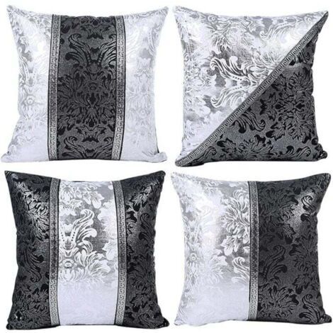 Housse de Coussin Licorne Géométrie Feuilles et Fleur Motif Taie d'oreiller pour Canapé Maison Salon Chambre Décoration D'intérieur, 45x45cm, Ensemble de 4 pièces(Porcelaine Noire et Blanche) (1/4)