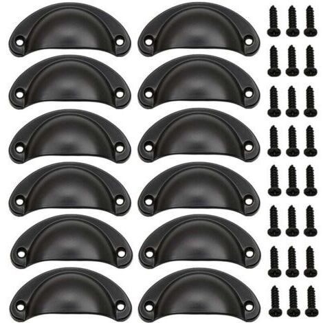 (Noir) Lot de 12 poignées coquillage vintage, poignées de porte en fer vintage avec vis pour meubles, commodes et armoires de cuisine (1/4)