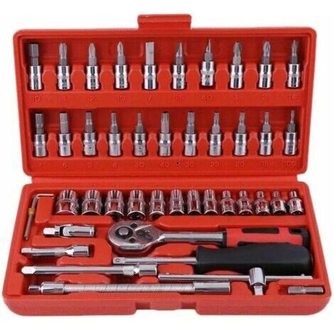 Jeu de Clés à Douilles, 46pcs 1/4" Clé à Cliquet Avec Boîte à Outils,4-14mm Cr-V Clé à Douilles, Embouts de Tournevis,Barres D'extension pour la Mais (1/4)