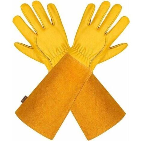 (Jaune M)Gants de Jardinage en Cuir Respirant pour Homme et Femme avec Gant Anti-épine, Manches Longues en Cuir de Vache pour Jardinier et Fermier (1/4)