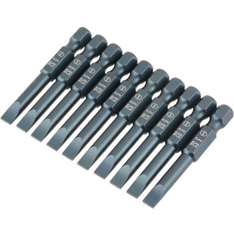 Jeu de 10 embouts de tournevis plats en acier allié S2, tige hexagonale de 6,3 mm (1/4 pouce), 50 mm (H6,3 x 50 x SL5 mm). (1/5)