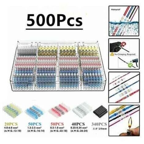 500 pcs Tube thermorétractable de borne de soudure électrique, Maidodo thermorétractable soudure bout à bout connecteur électrique isolé étanche marine automobile cuivre (1/4)