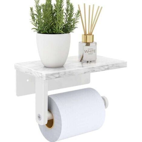 Porte-papier hygiénique avec étagère en marbre naturel, vis en acier inoxydable 304 mural, distributeur de porte-rouleau de papier de soie pour salle de bain et toilettes, blanc (1/4)