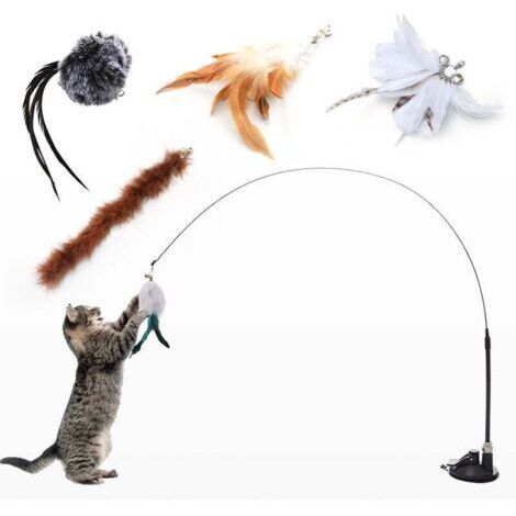 Jouets à Plumes pour Chats avec Cloche et Ventouse,Interactif Chatons Baguette Teaser Canne (1/4)