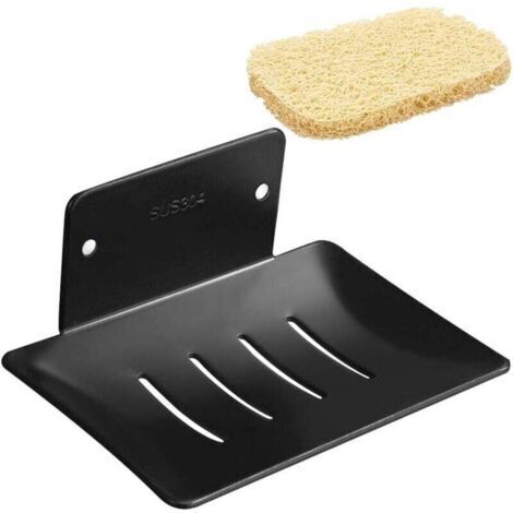 Porte-Savon Douche Auto-adhésif & Mural en Acier Inoxydable avec Savon Saver, Soap Dish Holder Tray Support Savon sans Perçage pour Douche Cuisine Salle Bain, Noir (1/4)