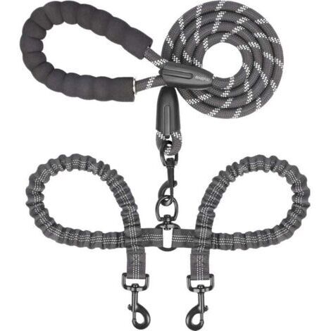 Laisse double pour chien – Pivotante à 360°, anti-emmêlement, avec élastique absorbant les chocs pour deux chiens (grande, 25 à 150 lb, noire) (1/4)