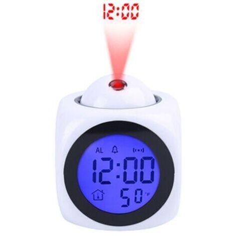 Projecteur d'horloge numérique au Plafond Rétro-éclairage à Piles Affichage LED Horloge de projecteur avec rétro-éclairage Alimenté par Piles Rotation du réveil (Blanc) (1/5)