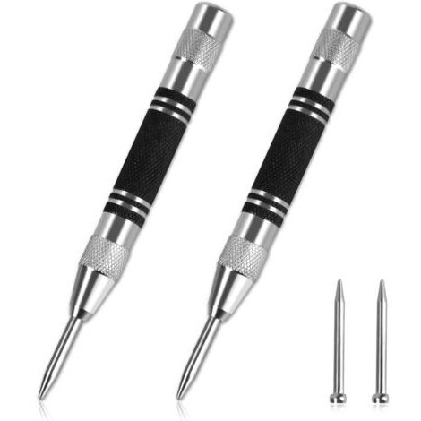2 pièces Pointeau Automatique,128mm Pointeau Automatique Impact Réglable,Poinçons Centraux à Ressort,Livré avec 2 têtes de rechange en métal, pour Bois, mur, plastique,métal mou,verre de fenêtre (1/5)