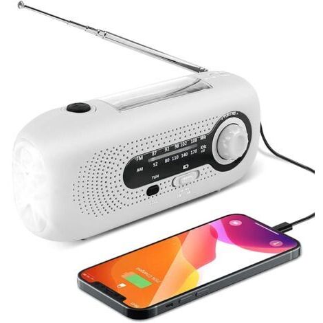 Radio Solaire, Manivelle d'urgence Radio Météo Solaire AM/FM Auto-alimentée avec Lampe de Poche 5 LED, Banque d'alimentation d'urgence 2000 mAh pour Smartphones, Maison et Camping (Blanc) (1/5)