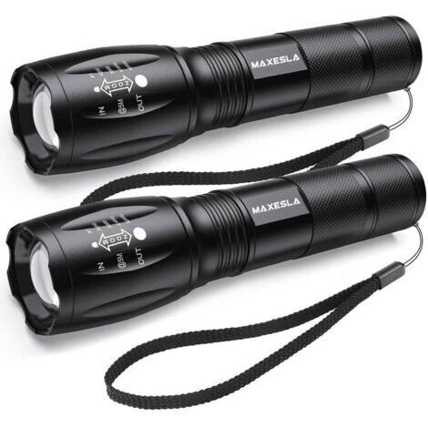 Lampe Torche LED Ultra Puissante, 2000 Lumens Lampe de Poche, IP65 Étanche Lampe Tactique, Zoomable, 5 Modes D'éclairage, Antichoc Anti-dérapant pour Camping Randonnée Urgence, Lot de 2 [Classe énergé (1/5)