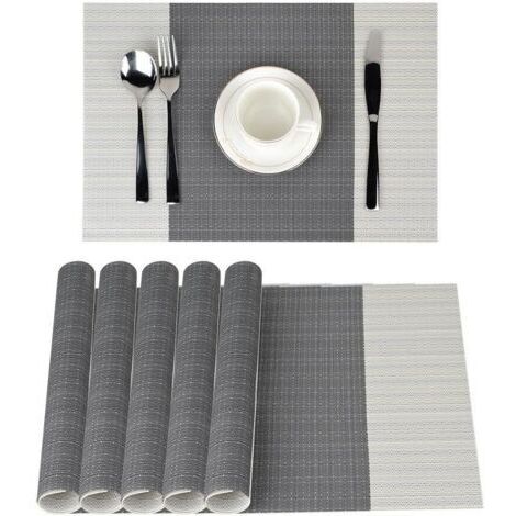 6Pcs Sets de Table Anti-Glissant en PVC Napperon Lavables(45x30cm) Napperons pour Cuisine, Salon, Jardin ou Salle à Manger (Rayé Gris) (1/5)