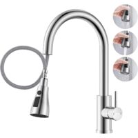 DAYONE Kitchen Mixer Tap with Pull Out Spray, SUS304 Stainless Steel Sink Taps Mixer with 3 Functions for Kitchen, 360° Swivel Single Handle High Arc Kitchen Faucet, Brushed Steel