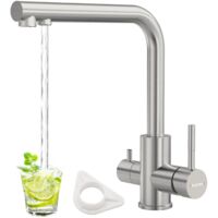DAYONE 3 Way Kitchen Sink Tap, Drinking Water Tap, SUS304 Stainless Steel 360 Swivel Water Sink Tap, Dual Lever 3 in 1 Water Filter Tap Kitchen Mixer Tap 1 Hole, UK Standard Kitchen Faucet, Brushed