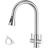 DAYONE Chrome Pull-Out Kitchen Tap Dual Lever Sink Mixer Taps, SUS304 Stainless Steel Sink Mixer for 1 Hole Sink Tap, 360°Swivel High Arc 3 Spray Mode Kitchen Faucet UK Standard