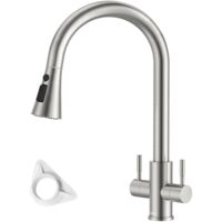 DAYONE Pull-Out Kitchen Tap Dual Lever Sink Mixer Taps Brushed, SUS304 Stainless Steel Sink Mixer for 1 Hole Sink Tap, 360°Swivel High Arc 3 Spray Mode Kitchen Faucet UK Standard