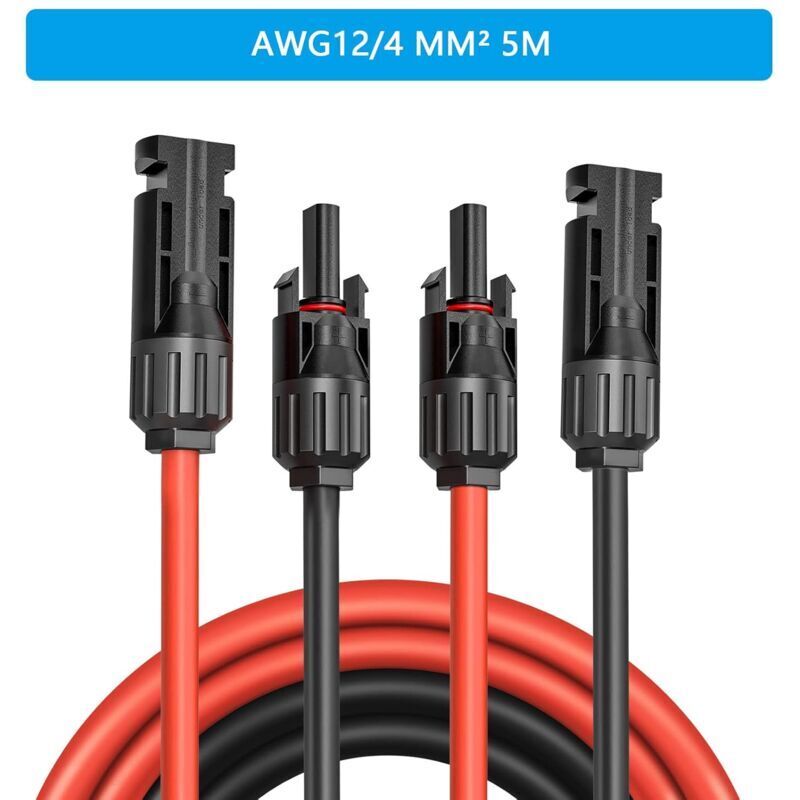 Rallonge Câble Solaire 5m 4mm² – Connecteurs PV Sertis Mâle/Femelle – 12 AWG 1500V DC IP68 TÜV – Extension Panneaux Photovoltaïques