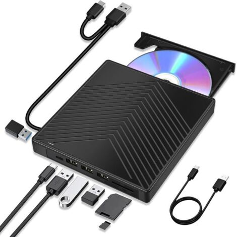 Lecteur DVD externe 7 en 1 USB 3.0 Type-C – Graveur CD/DVD +/-RW portable – 4 ports USB et emplacement SD/TF – Compatible Windows 11/10, Linux, Mac