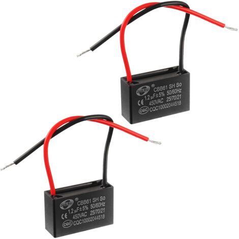 Condensateur CBB61 1.2uF 450V AC 50/60Hz – Longueur câble 100mm – Dimensions 35x13x22mm – Lot de 2 unités (1/2)