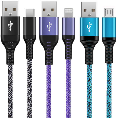 Câble USB C Charge Rapide 3A – Pack de 3 câbles 1M, 1M, 2M – Nylon tressé, transfert 480Mbps, résistance à la flexion 10 000 insertions (1/5)