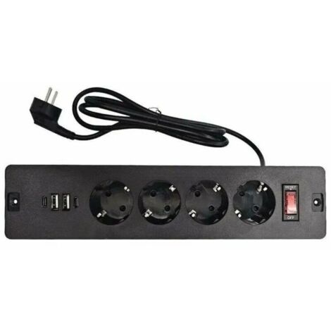 Prise Encastrable de Table avec Ports 2USB et 2Type-C Multiprise Intégrée 4 Prises avec Câble d'alimentation 1,7m et Câble Type-C Prise de Cuisine Multiprise pour Meuble ou Bureau Noir