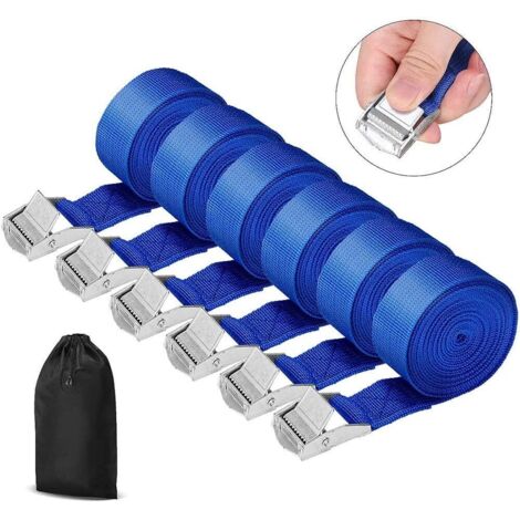 Sangles d'arrimage, lot de 6, 2,5 cm x 2,5 m, avec sangle de fixation à boucle de serrage, sangle d'arrimage pour porte-vélos moto, sangle d'arrimage extrêmement robuste, bleue, charge jusqu'à 250 kg