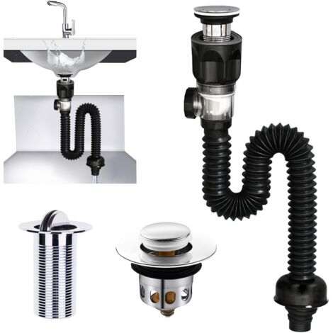Suite Égouttoir de Bonde de Lavabo, Siphon Lavabo, Bonde de Lavabo Sans Trop Plein, Extensible de 300-955 mm Pour la Salle de Bain, Cuisine (Noir) (1/6)