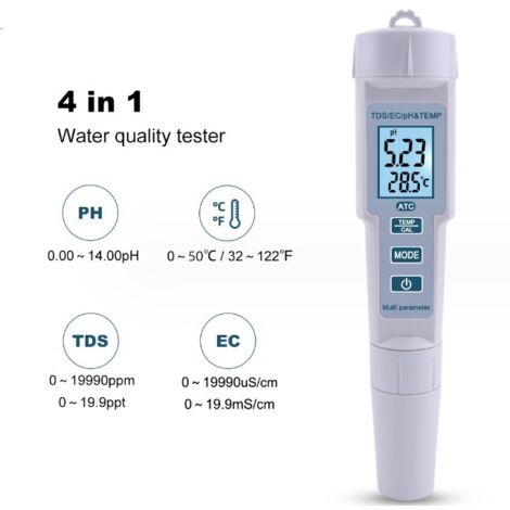 4 En 1 Testeur Qualite De L'Eau Ph / Ec / Tds / Temperature Ip55 Metre Arret Automatique Etanche Retro-Eclairage Affichage Testeur Blanc Ph-686 (1/5)