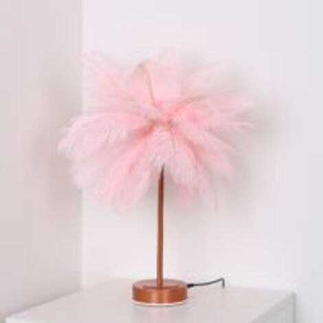 Lampe de chevet LED, forme pissenlit, fil de cuivre, plume rose romantique (1/6)