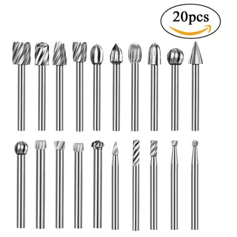 Ensemble de 20 limes rotatives en acier à grande vitesse - Meuleuses électriques, couteaux à graver le bois, têtes de meulage, fraises, outils de gravure et de meulage pour le bois et le métal