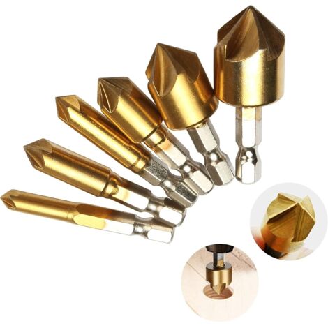 Jeu de 6 forets à fraiser, queue hexagonale 1/4'', HSS, 5 cannelures, outil de fraisage à 90° pour bois, changement rapide de foret de 6 à 19 mm (1/5)
