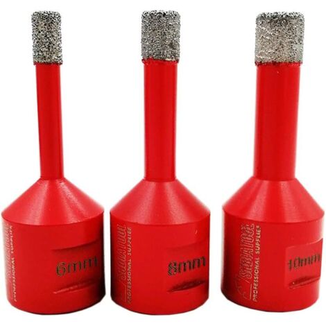 Lot de 3 forets diamantés 6 mm/8 mm/10 mm, brasés sous vide, filetage M14, pour le perçage à sec du carrelage en porcelaine, granit et marbre. (1/5)